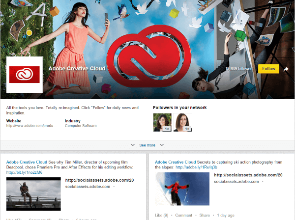 pagina della vetrina creativa di Adobe LinkedIn