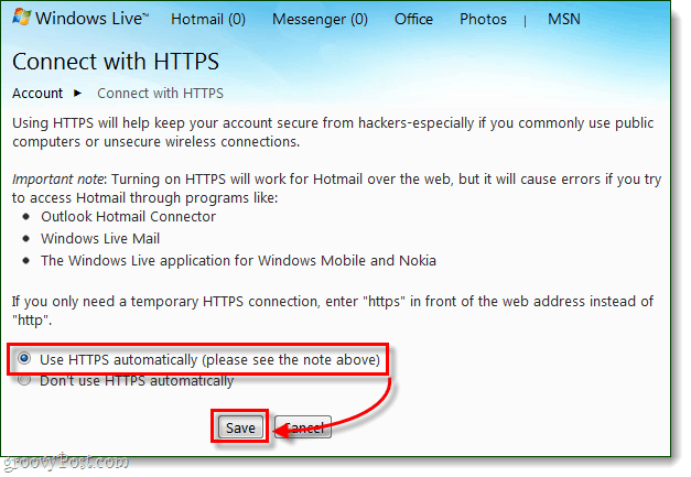 Come connettersi sempre in modo sicuro a Windows Live e Hotmail tramite HTTPS