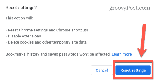 impostazioni di ripristino di Chrome