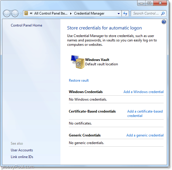 uno sguardo generale al vault di Windows 7 credential manager