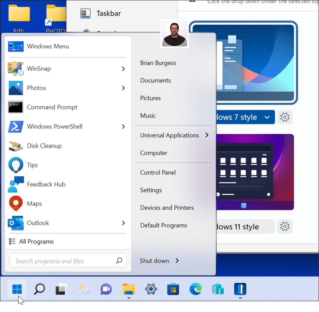 lo stile di Windows 7 migliora il menu di avvio di Windows 11 e la barra delle applicazioni con Windows 11