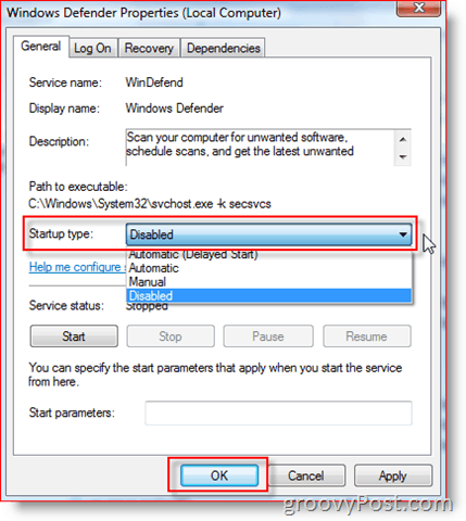 Disabilita il servizio Windows Defender in Windows Server 2008 o Vista:: groovyPost.com