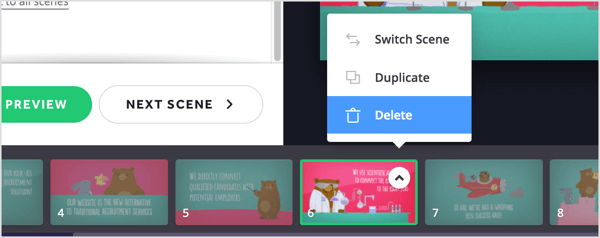 Fare clic sul pulsante freccia per la scena che si desidera rimuovere e scegliere Elimina dal menu a comparsa.