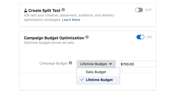 selezionando l'ottimizzazione del budget della campagna e il budget a vita per la campagna Facebook il giorno della vendita lampo