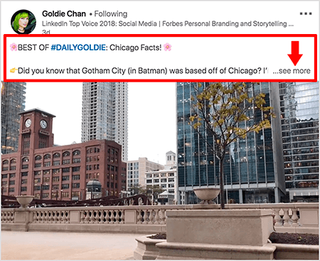 Questo è uno screenshot di un video LinkedIn di Goldie Chan. I callout rossi nell