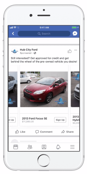 Facebook ha introdotto annunci dinamici che consentono alle aziende automobilistiche di utilizzare il loro catalogo di veicoli per aumentare la pertinenza dei loro annunci.