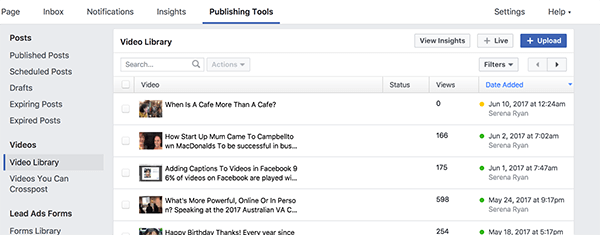 La tua libreria video di Facebook contiene tutti i tuoi video pubblicati e non pubblicati. I video con un punto giallo non vengono pubblicati e i video con un punto verde vengono pubblicati.