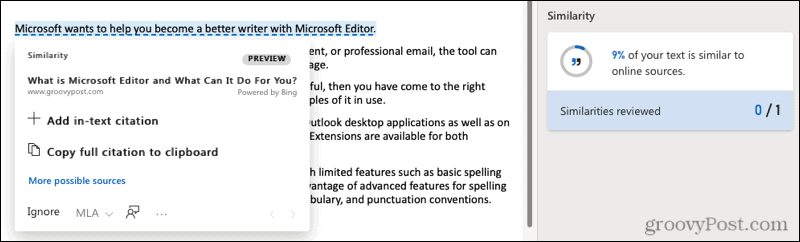 Somiglianza web con Microsoft Editor