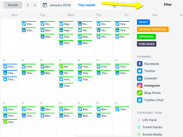 Come organizzare le attività di social media marketing, panoramica del calendario ContentCal con filtri