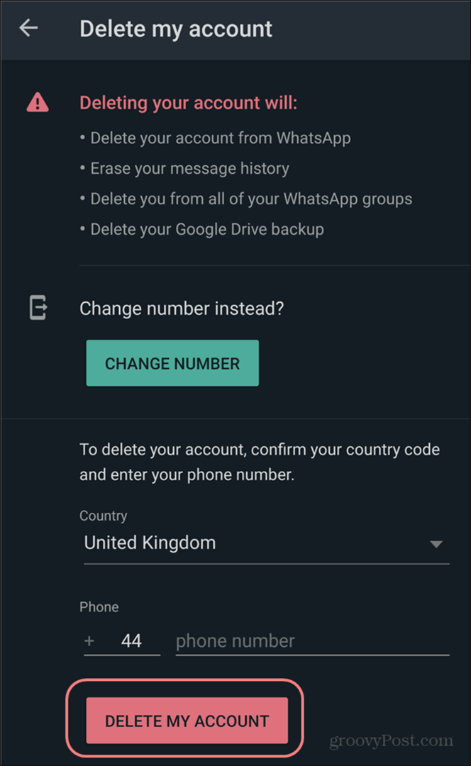 Elimina le impostazioni dell'account WhatsApp conferma l'eliminazione