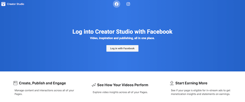 Pagina di accesso a Facebook Creator Studio