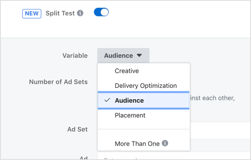 Seleziona una variabile da testare con la funzione di split test di Facebook.