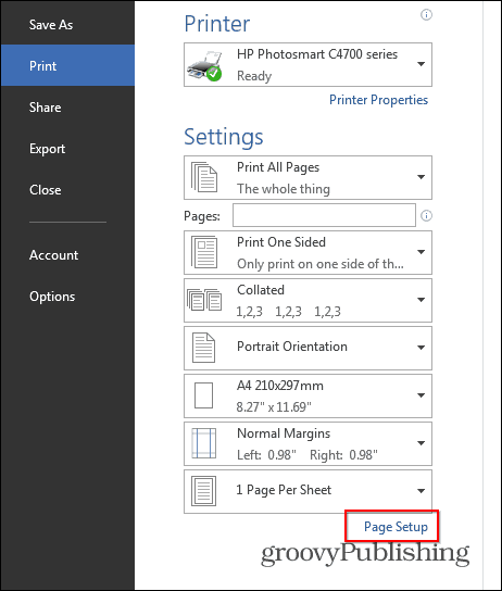 Configurazione della pagina di stampa file per opuscoli Word 2013