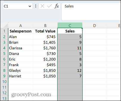 Excel colonna selezionata