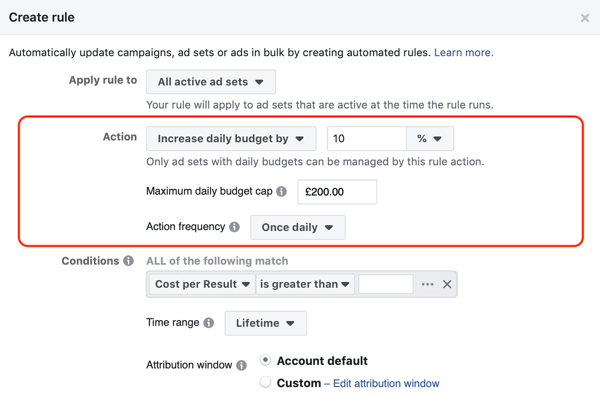 Utilizza le regole automatizzate di Facebook, aumenta il budget quando il ROAS è maggiore di 2, passaggio 2, impostazioni dell'azione