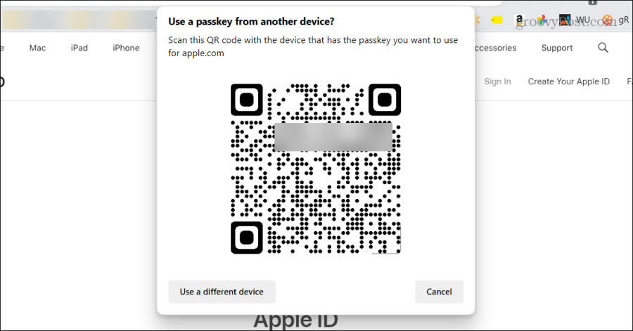 scansiona le passkey dell'account Apple del codice QR
