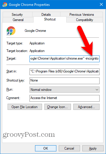 Aggiungi -incognito al collegamento Chrome Desktop