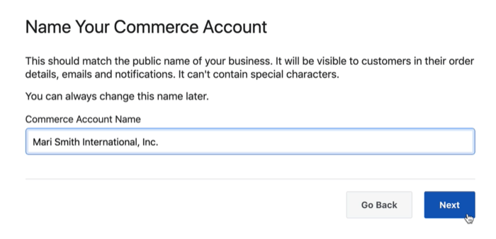 opzione della finestra di dialogo per nominare il tuo account commerciale Facebook