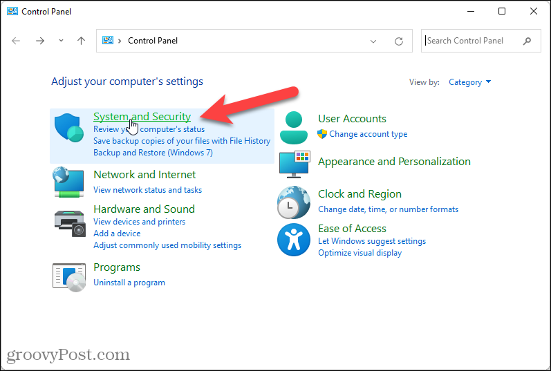 Fare clic su Sistema e sicurezza nel Pannello di controllo in Windows 11