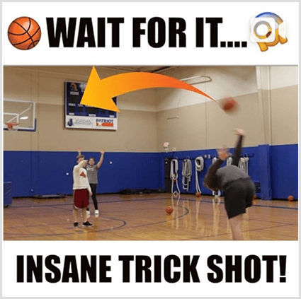 L'immagine in miniatura di un post di un video di Instagram ha barre bianche e testo nero sopra e sotto l'immagine di un uomo bianco che fa un tiro con un pallone da basket in una palestra. Il testo in alto ha un'emoji da basket e il testo Wait For It. Il testo in basso dice Insane Trick Shot!