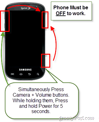 tieni premuto il pulsante di accensione, volume e fotocamera per avviare la modalità di recupero Android