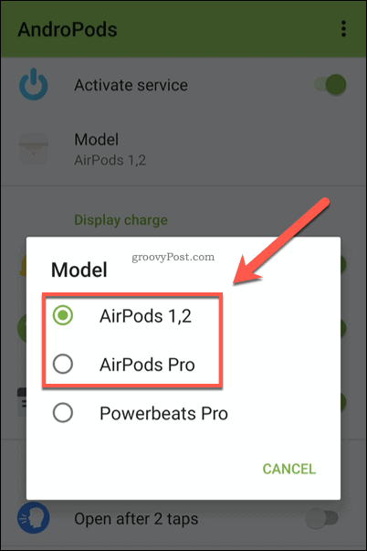 Menu del modello AirPods di AndroPods