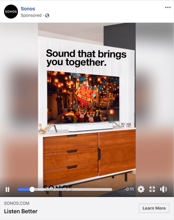 Esempio di annuncio video di Facebook di Sonos.