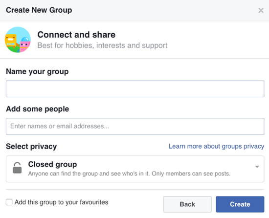 Compila le informazioni sul tuo gruppo Facebook e aggiungi membri.