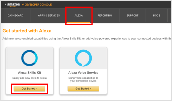 Fai clic sul pulsante Inizia sotto Alexa Skills Kit.