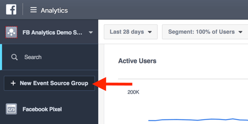 Crea gruppi di sorgenti di eventi dalla dashboard di Facebook Analytics.
