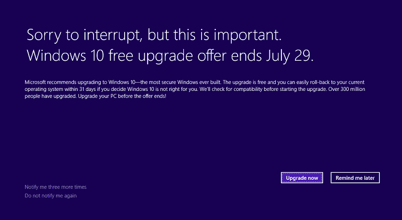 Microsoft pubblica la notifica dell'offerta di fine aggiornamento gratuito per Windows 10