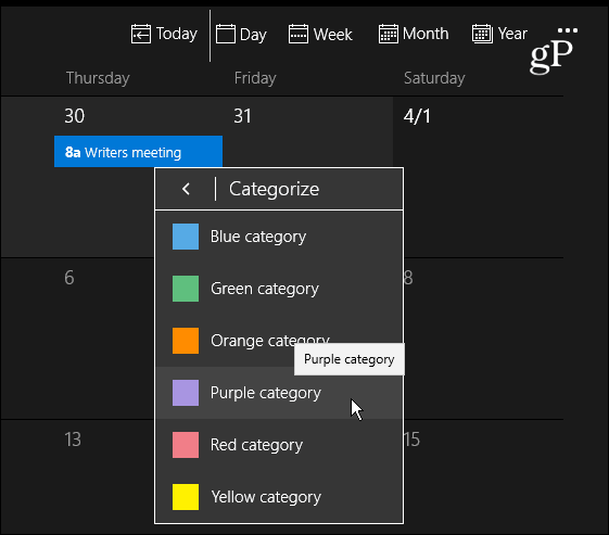 Calendario delle categorie di colore