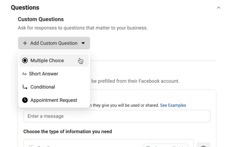Gli annunci lead di Facebook creano una nuova opzione modulo di lead per aggiungere un menu di domande personalizzate con opzioni per la scelta multipla, la risposta breve, la richiesta condizionale o di appuntamento