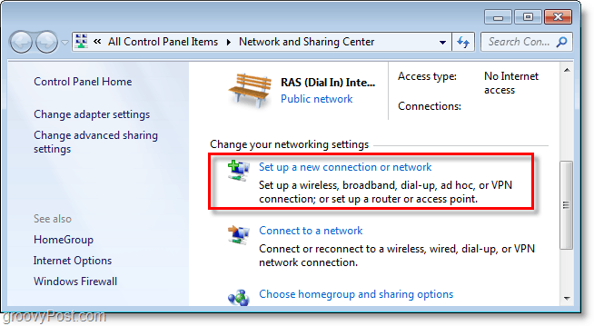 impostare una nuova connessione o rete in Windows 7
