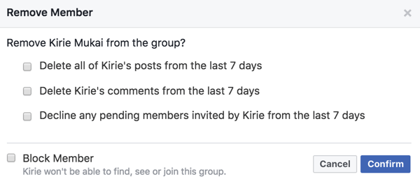 Puoi eliminare i post, i commenti e gli inviti dei membri quando li rimuovi dal tuo gruppo Facebook.