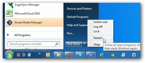 Cambia il pulsante di accensione del menu Start di Windows 7 in Riavvia sempre