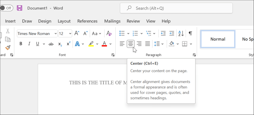 digita il formato del titolo in stile apa in microsoft word