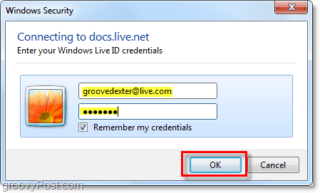 inserisci il nome utente e la password dell'account Windows Live in Microsoft Office 2010