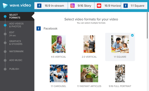 Sviluppa una strategia per i video sociali, crea video con Wave.video, opzioni per i modelli di Facebook.