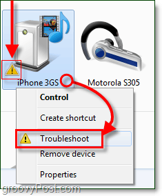 fai clic con il pulsante destro del mouse sul dispositivo bluetooth e fai clic su risoluzione dei problemi, nota l'icona di risoluzione dei problemi che è rappresentata da un punto esclamativo arancione