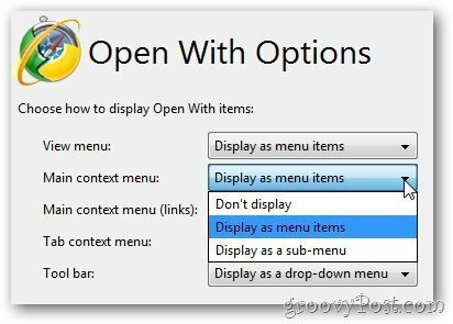 Apri con opzioni: menu di scelta rapida principale