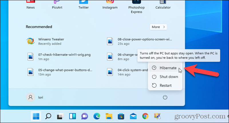 Opzione di ibernazione disponibile nel menu Start in Windows 11