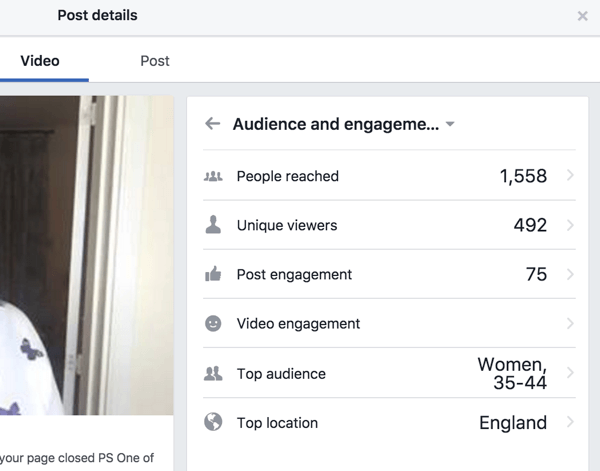 Facebook mostra statistiche di coinvolgimento separate per il post e il video.