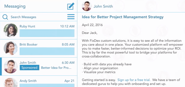 Come creare annunci LinkedIn basati sugli obiettivi, esempio di annuncio InMail sponsorizzato da John Smith