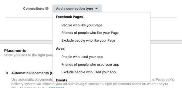 Aggiungi un tipo di connessione opzioni per una campagna pubblicitaria principale di Facebook.