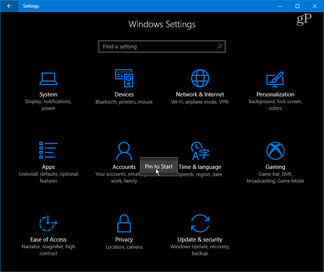 Categorie di impostazioni di Windows 10
