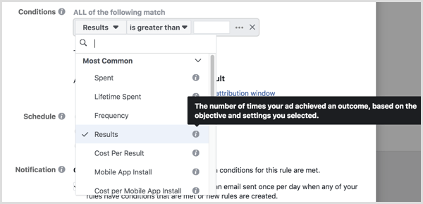 descrizione comando durante l'impostazione delle condizioni per la regola automatizzata di Facebook