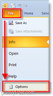 in Outlook 2010 utilizzare la barra multifunzione del file per aprire le opzioni