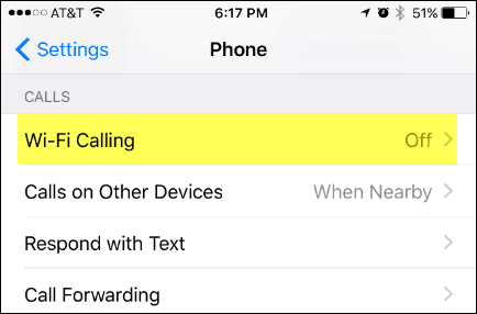 Chiamata WiFi nel menu Impostazioni iPhone