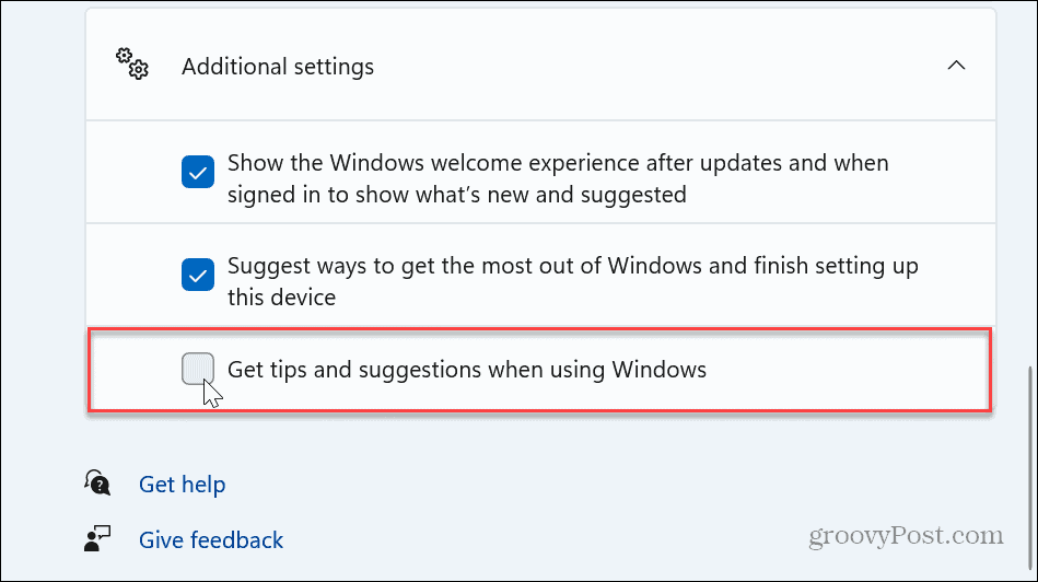 Disattiva le notifiche di suggerimenti e suggerimenti di Windows 11